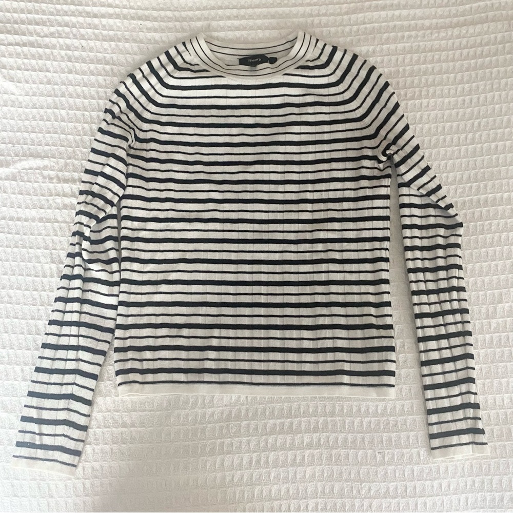 Theory striped ribbed crewneck Prosecco sweater black white stripe size P